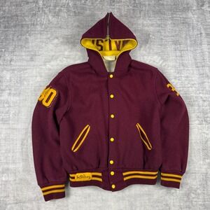 Vtg 1970s Varsity Jacket Mens Large Maroon Snap Letterman Chain Stitch Hooded